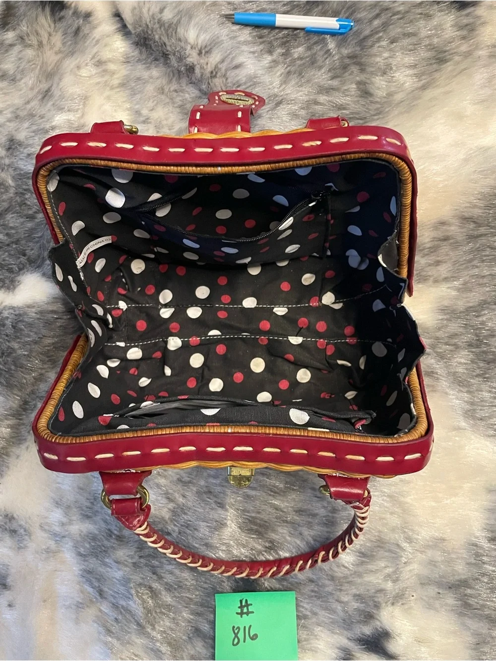 Patricia Nash Wicket Basket Handbag Red Leather Trim Satchel